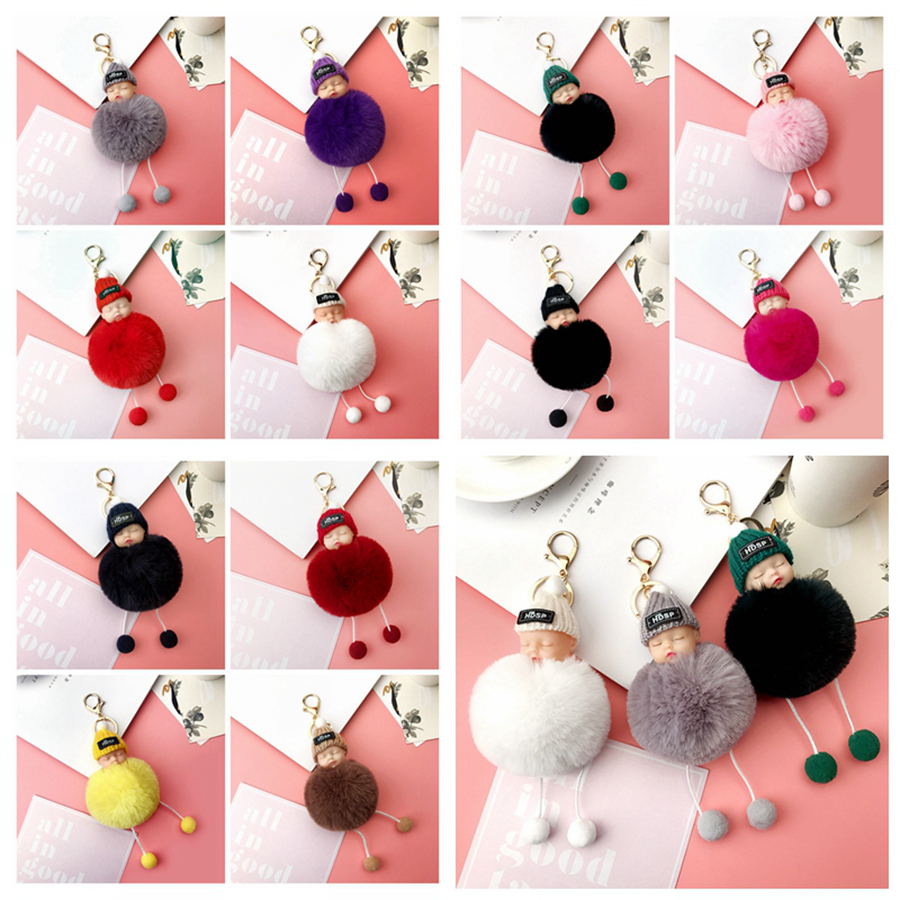 

Cute Sleeping Baby Doll Keychain Pompom Rabbit Fur Ball Carabiner Key Chain Keyring Women Kids Key Holder bag Pendant Keyring Favor RRA2604