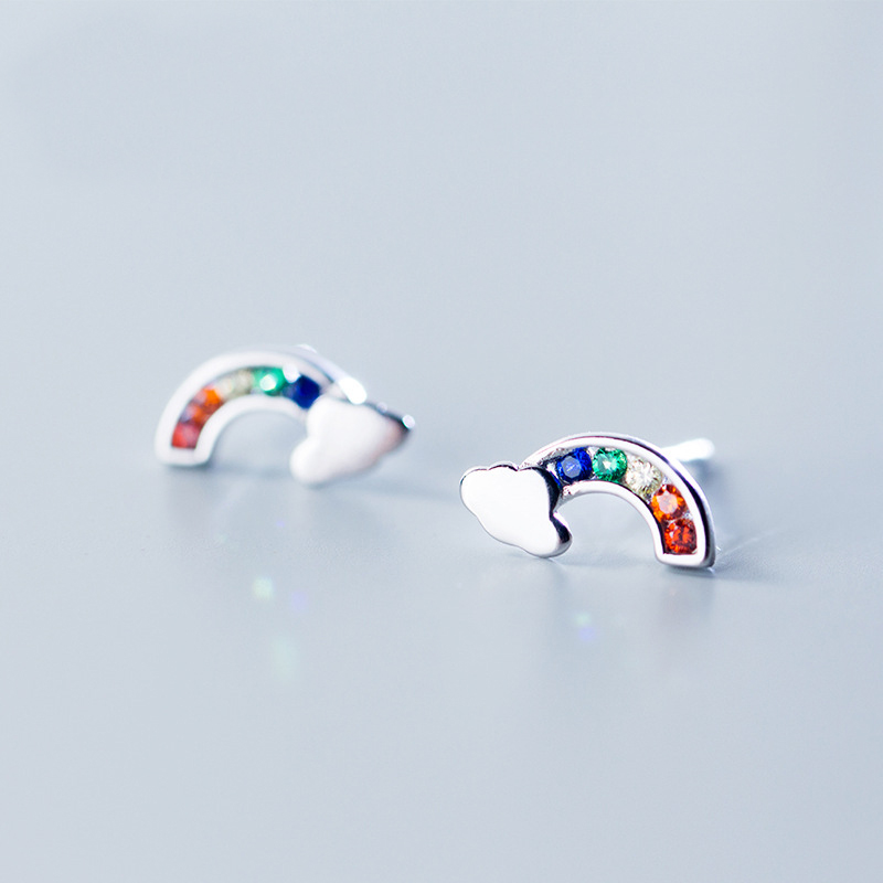 

MloveAcc 100% 925 Solid Real Sterling Silver Jewelry Colorful CZ Rainbow Cloud Stud Earring Women Friend Girl Lady