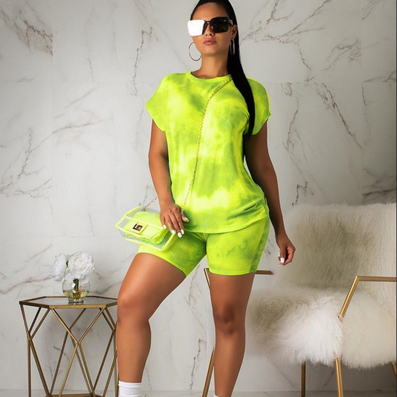 Summer Womens 2 Piece Dress Set Fashion Tie Dye Tracksuit Outfits Matching Clothes Short Sleeve Top Shorts Sweat Suits Women Sportwear