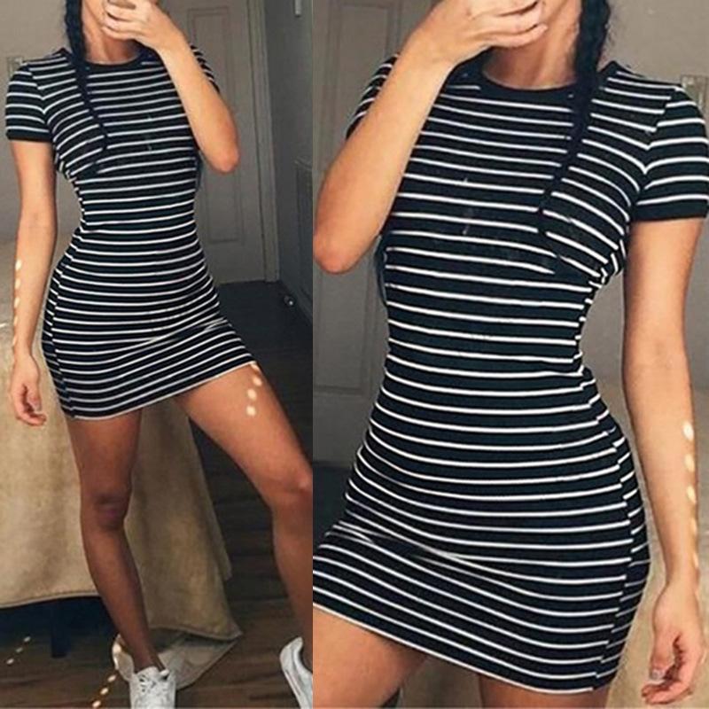 Womens Short Sleeve Striped Party Crew Neck Bodycon Summer Beach T-shirt Dress Sexy Beach Holiday Plus Size Party Dresses hotsell