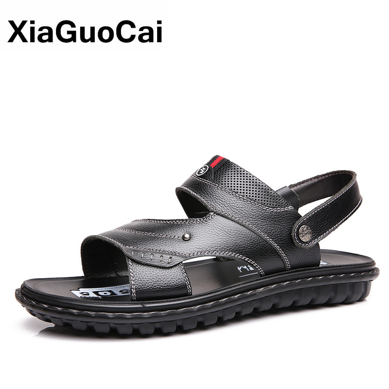 

Men Genuine Leather Sandals 2020 Summer Casual Male Beach Shoes Antiskid Thick Bottom Fashion Classic Man Sandals New Arrival, Black