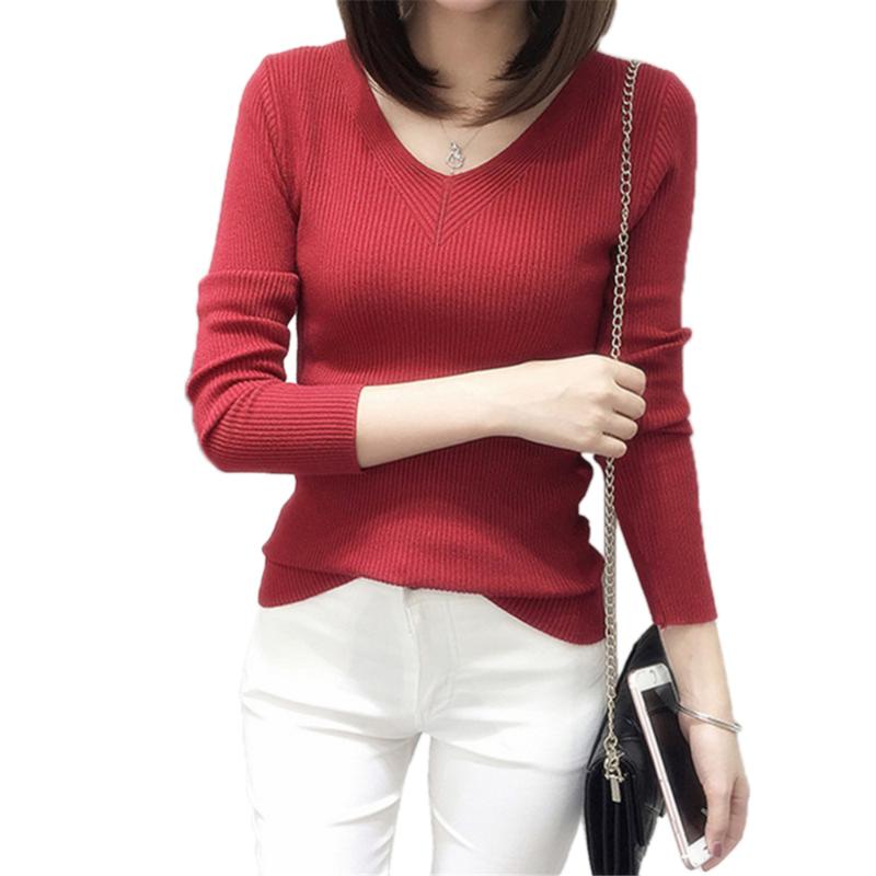 

Autumn Spring Basic Sweater Women Cotton Blend Casual V-Neck Pullovers Jumpers Women Long Sleeve Knitted Sweaters, White
