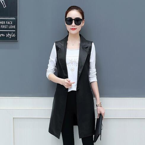 Spring Faux Leather Blazer Vest Womens Long Slim Fit Waistcoat Plus Size 3XL PU Sleeveless Jacket Suit Vest Woman Vintage DV512