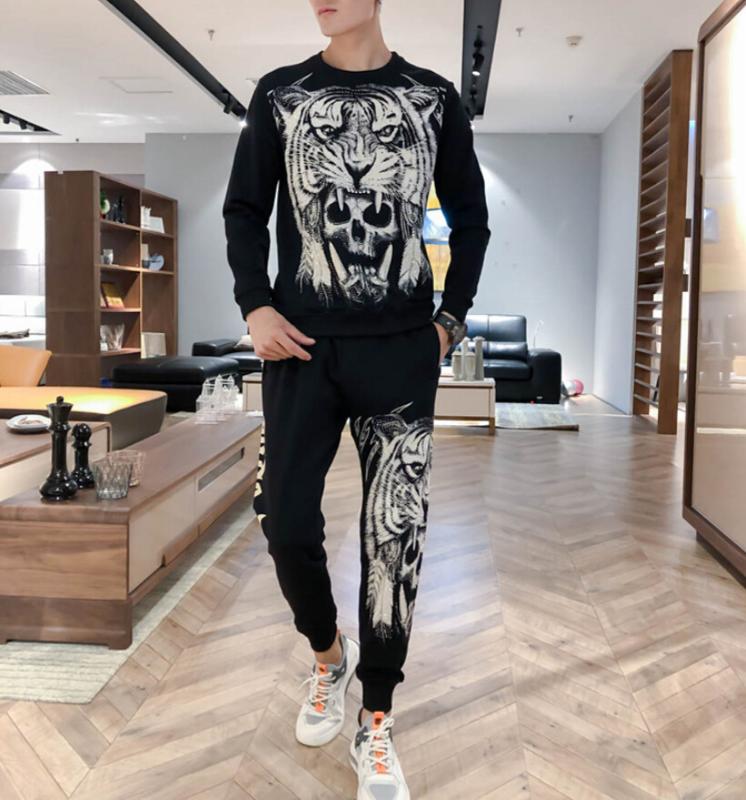 

Men tracksuit Casual Rhinestones high quality Men tracksuits Fashion New style 2020 sets, Black