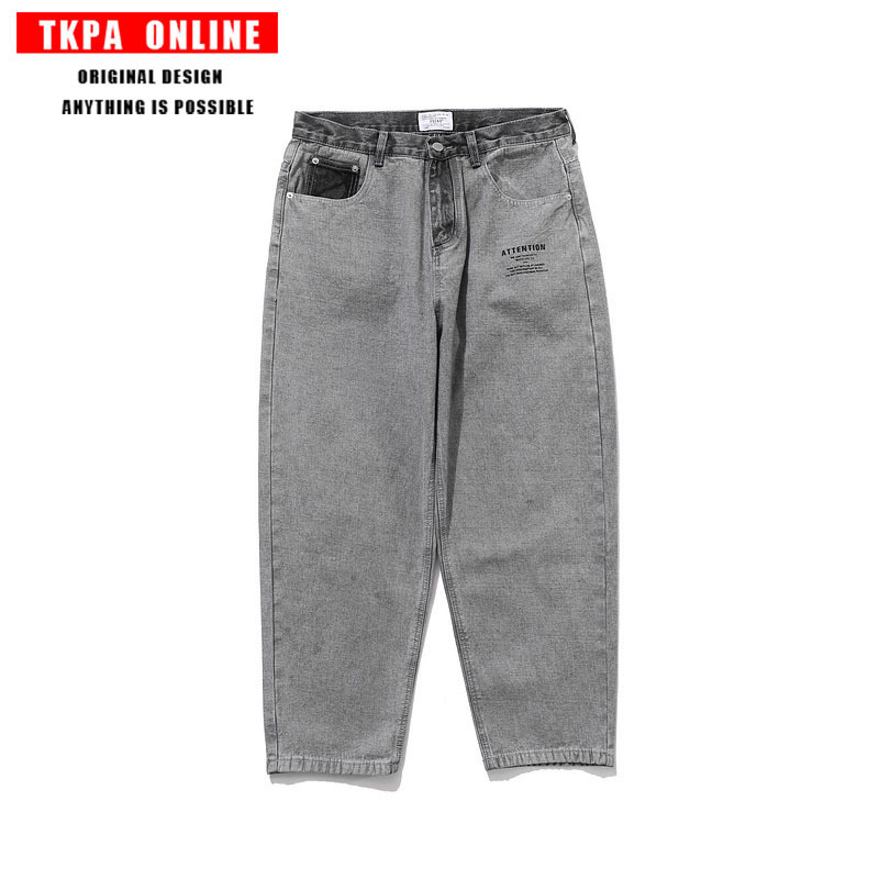 

TKPA Japanese original countries loose jeans trousers men pale blue wash tapered jeans popular logo the boys pants, Gray