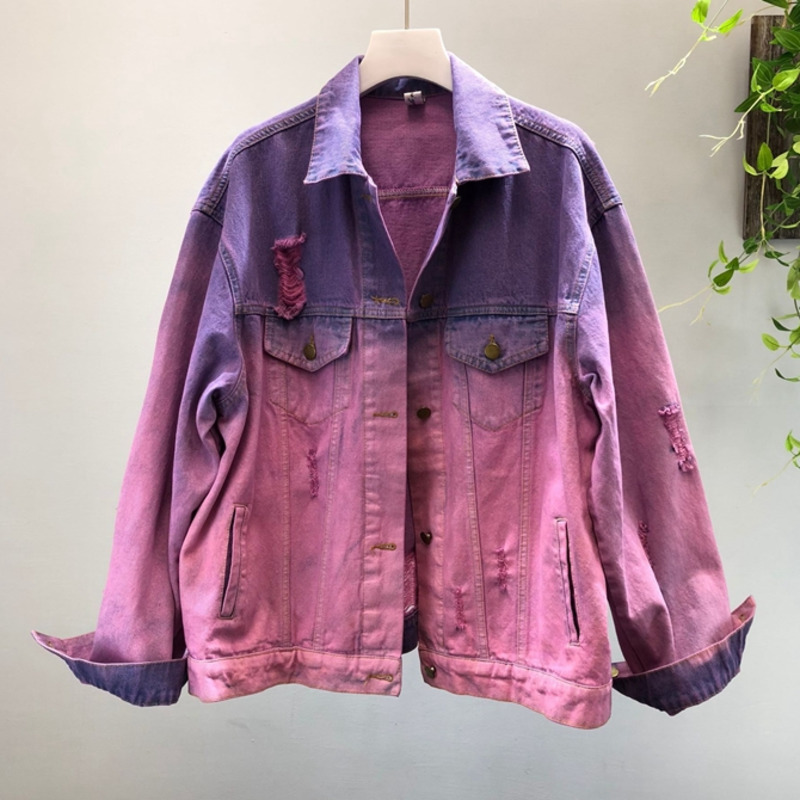 

EWQ] 2020 Autumn Graffiti Color Hole Trend Design Denim Jacket Students Plus Size Denim Coats Overcoat Baseball Uniform QV1464, Matching pink purple
