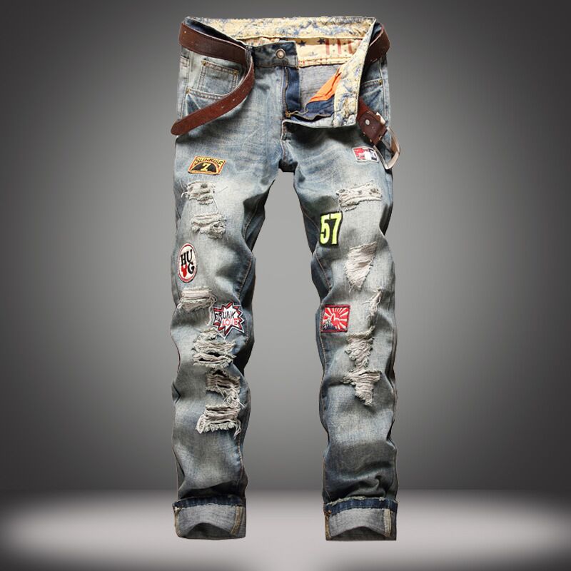 

Trendy Cotton Distressed Denim long Men Jeans Casual Holes Print Pants Summer Hot Sales Shorts Men Breathable Tearing Denim, Blue