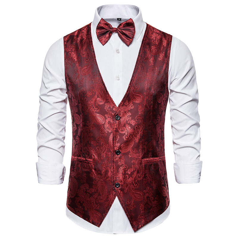 

Mens Wine Red Paisley Vest Single Breasted V-Neck Wedding Groom Suit Vests Men Gothic Steampunk Waistcoat Victorian Gilet Homme, Purple