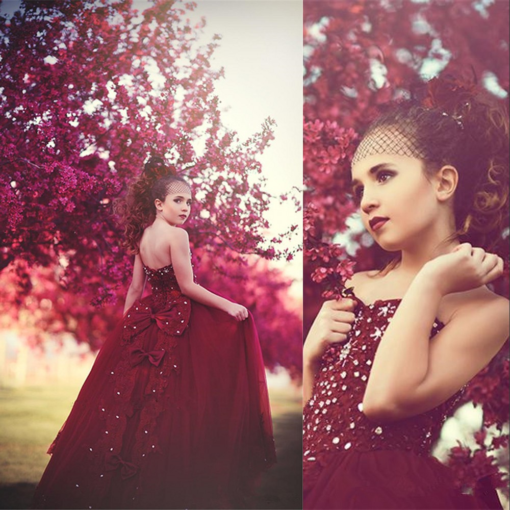 

New Burgundy Lace Girls Pageant Dresses For Weddings Spaghetti Straps Lace Crystal junior Girls Long Formal Dress Kids Prom Communion Gowns, White