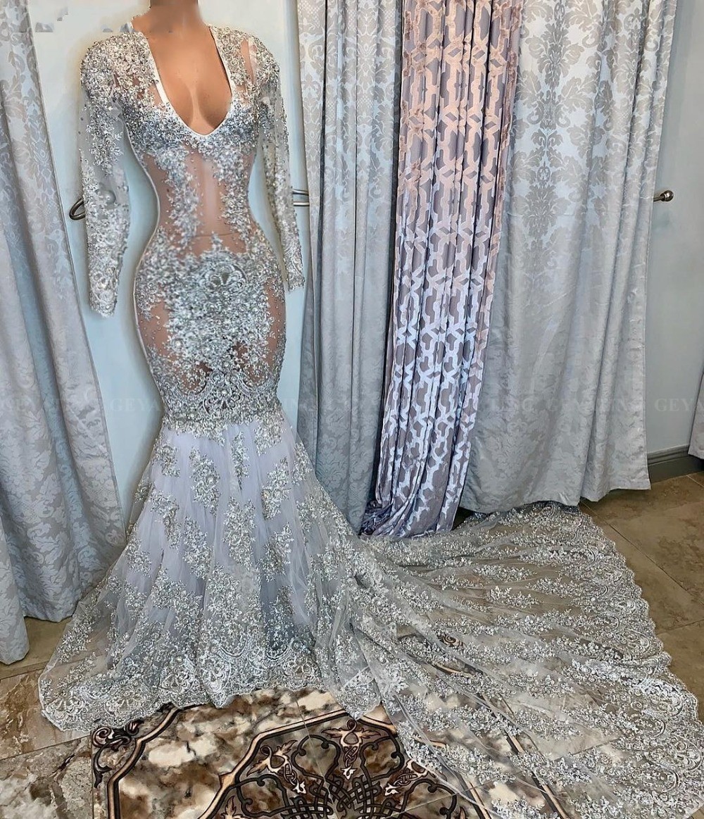 

Sexy Silver Black Girls Prom Dresses Long Sleeves Sheer Lace Appliques Beaded V-Neck African Formal Evening Dress abendkleider, Lavender