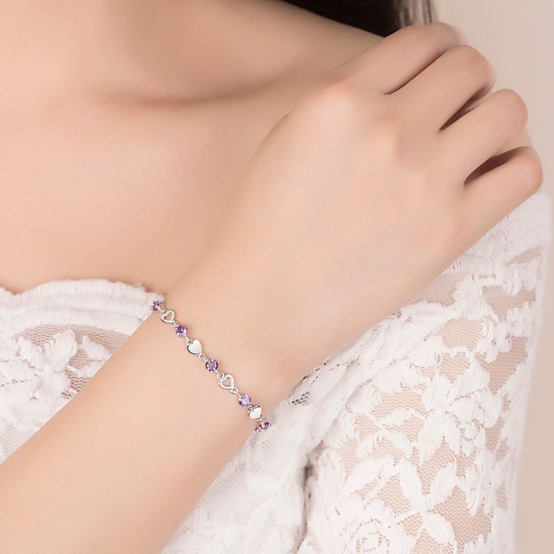 

Crystal Heart Bracelet 925 Sterling Silver Charm Wristband Women Jewellery Gift