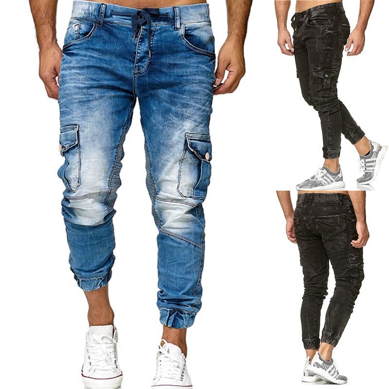 

Men' Fashion Lace-up Pocket Jeans Washed Water Denim Trousers, Black