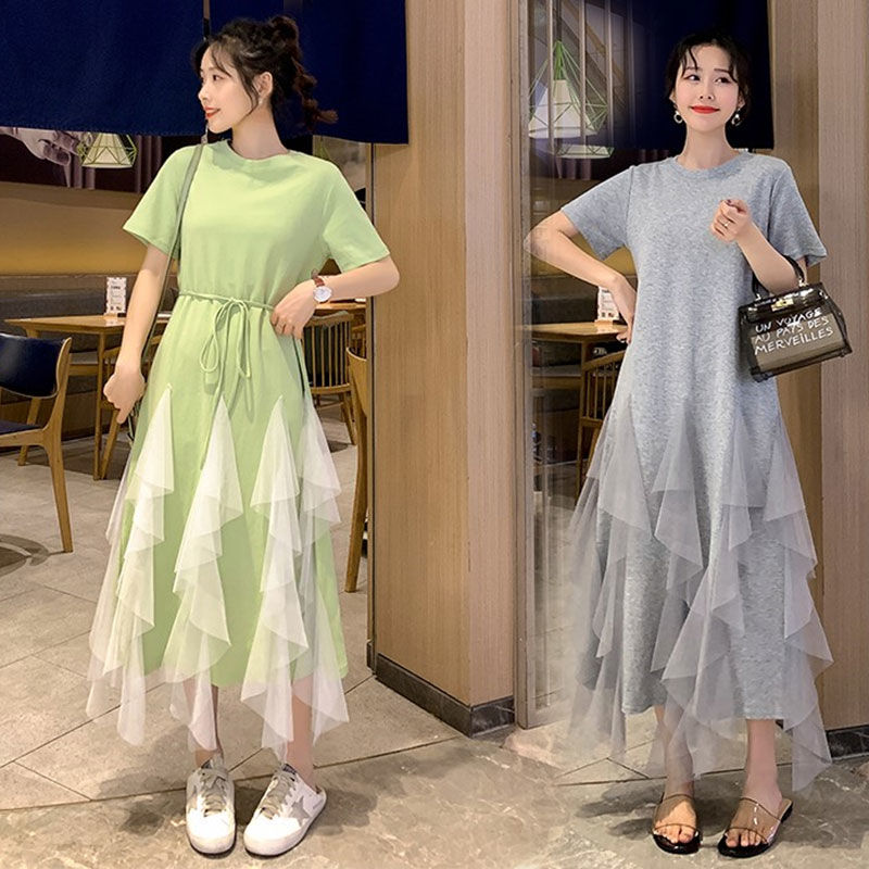 

2020 New Summer Women Sweet Mesh Patchwork Dresses Female Solid Comfortable Cotton Lace-Up Ruffles Pleated Dresses Vestidos T58, Stripe