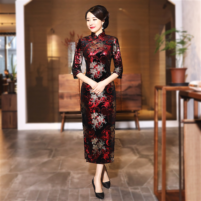 

Sheng Coco Winter Cheongsam Long Sleeve Banquet Long Qipao Ladies Dress Everyday Dress Elegant Vintage Novelty Print Qipao