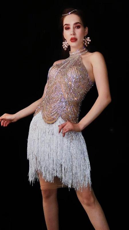 

Flashing Chains Stones Dress Women's Birthday Celebrate Outfit DS Dancer Bar Prom Clothes White Fringes Dress, As pic