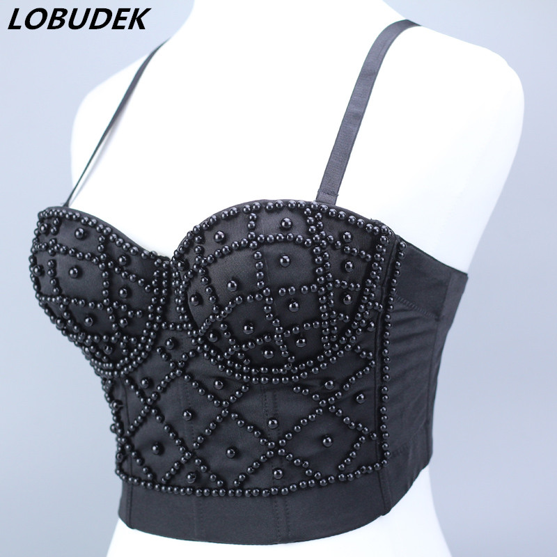 

Handmade Pearl Beads Bra Corset Sexy DJ Bar Club Party DJ Female Singer Dancer Black White Beading Bustier Crop Tops Stage Wear