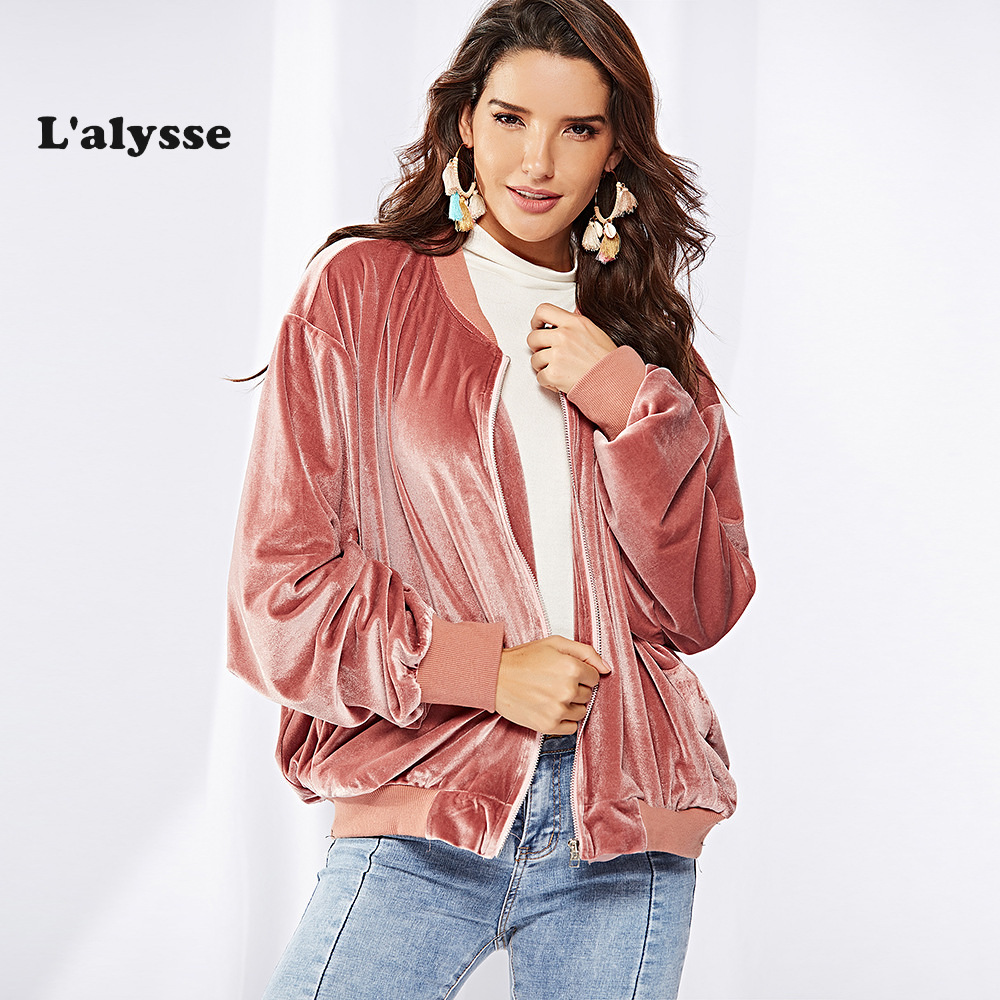 

LALYSSE Women Casual Solid Long Sleeve Zipper Up Coats Oversize Lady velvet bat sleeve streetwear with pockets Jackets Female, As pic