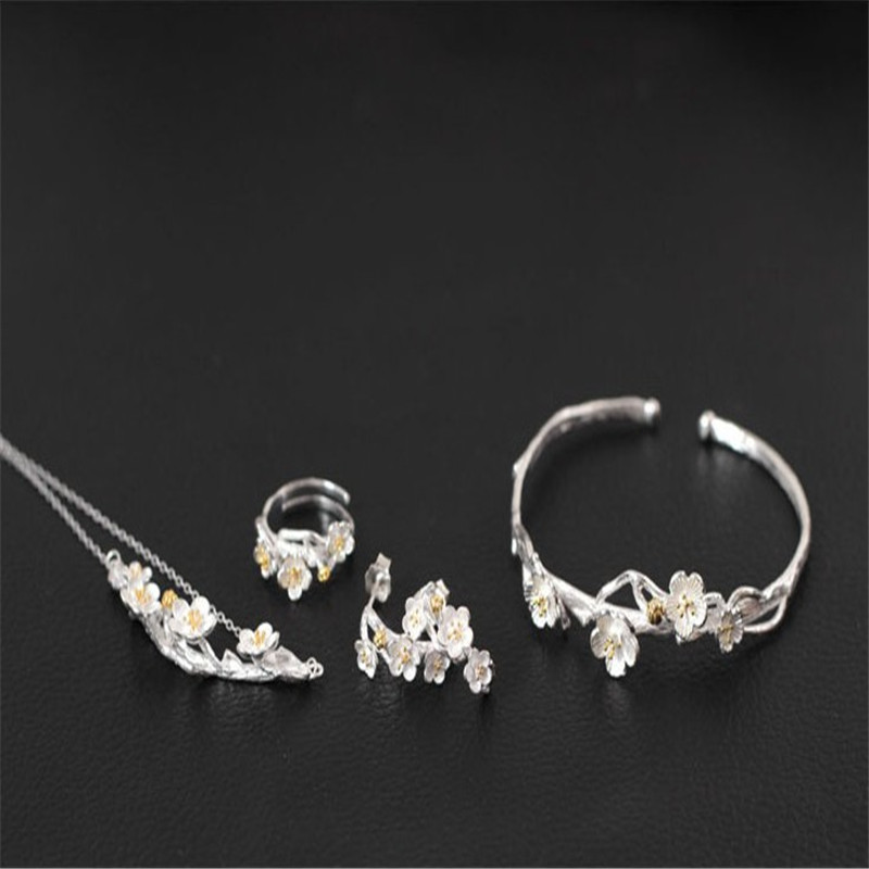 

Authentic 925 Sterling Silver Jewelry Sets For Women Wedding Gifts New Ethnic Handmade Flower Open Engagement Ring Necklace Bangle Earrings