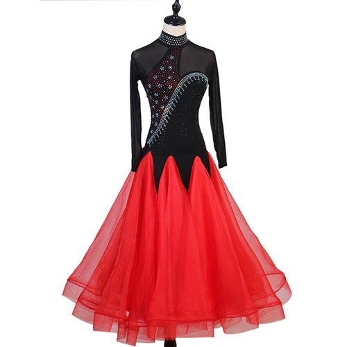 

Women Long Sleeve Dress Ballroom Dress Women Group Dance Competition Costume Adult Stage Wear Rhinestone Tango/Waltz, Black