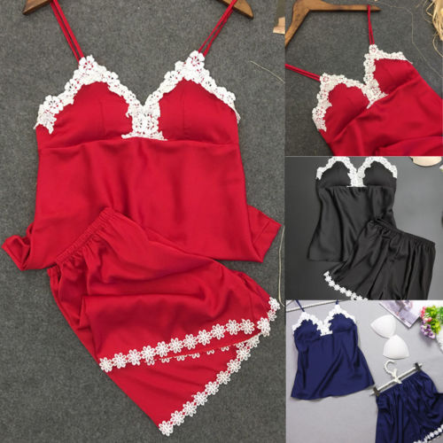 

Women Satiny Pyjamas Set Crop Tops Vest Shorts Sexy sleepwear Babydoll Lingerie Nightdress 2PCS Set, Black