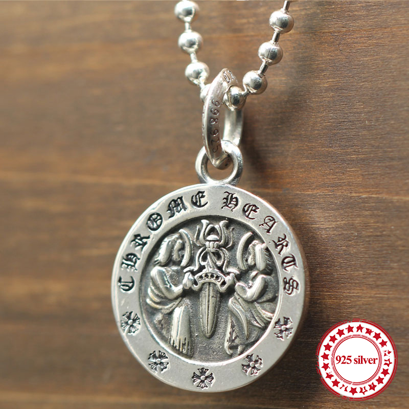 

S925 sterling silver men's pendant personality fashion classic punk style vintage angel medal styling send lover's gift