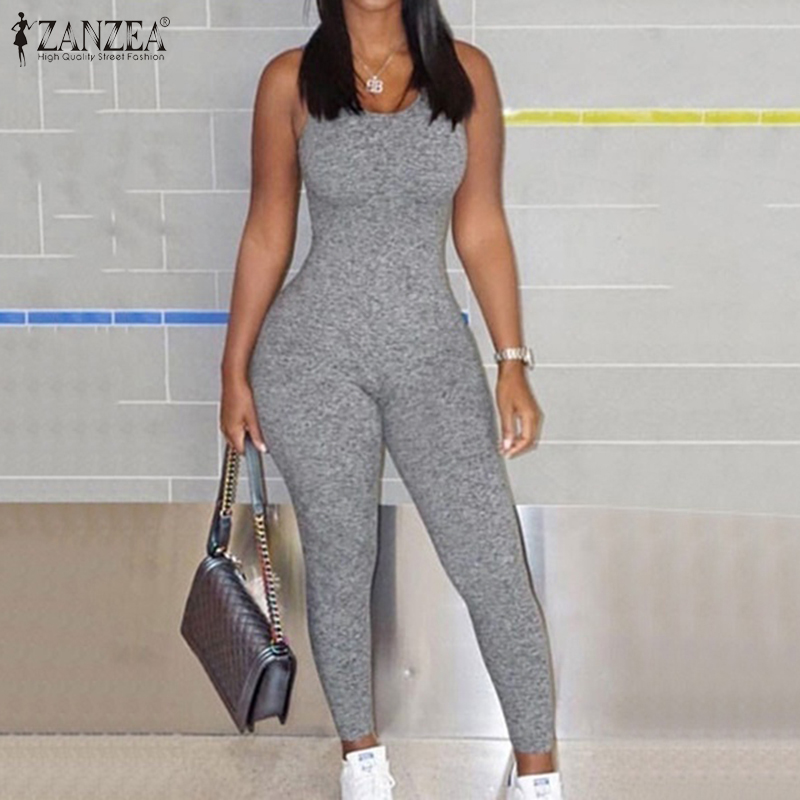 

2020 Summer Sleeveless Stretch Rompers ZANZEA Fashion Sexy Blackless Jumpsuits Women Solid Slim Pencil Playsuits Female Pants, Black