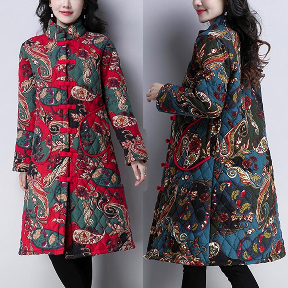 

2019 Women Warm parkas Retro Printing Chinese style Button Top Long Sleeve Blouse Loose Long Coat Fashion Casual Streetwear, Blue