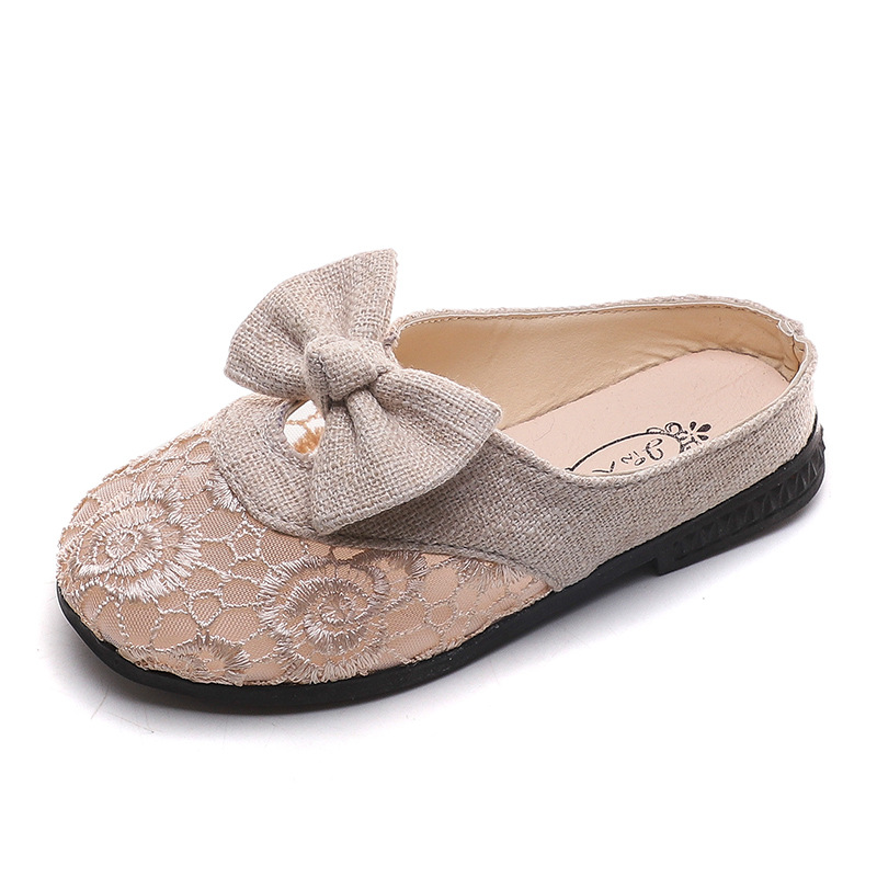 

New Fashion Summer Butterfly-knot Children's Covered-toes Slippers Casual Air Mesh Girls Sandals For Kid Net Fabric Floral Shoes, Beige
