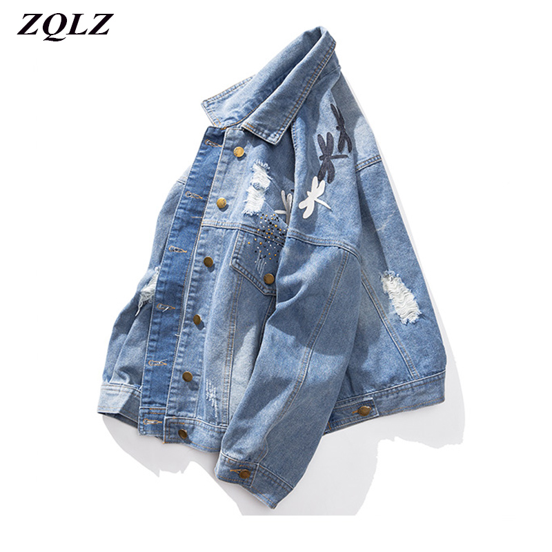 

Zqlz Plus Size 5xl Loose Denim Jacket Women Fashion Applique Frayed Harajuku Casual Jean Jackets Outwear Turn-down Collar Coat, Blue