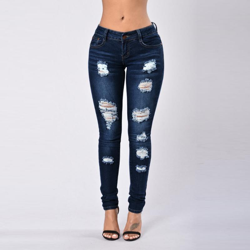 

2020 New Black Jeans Woman High Waist Fashion Button Zipper Pocket Hole Pants Slim Skinny Ripped Jeans Denim Casual Femme, Blue
