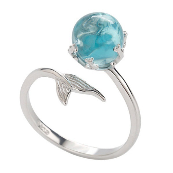 Wholesale Silver Plated Mermaid Foam Ring Tik tok The Same Blue Crystal Fish Tail Adjustable Ring.-image-475947374