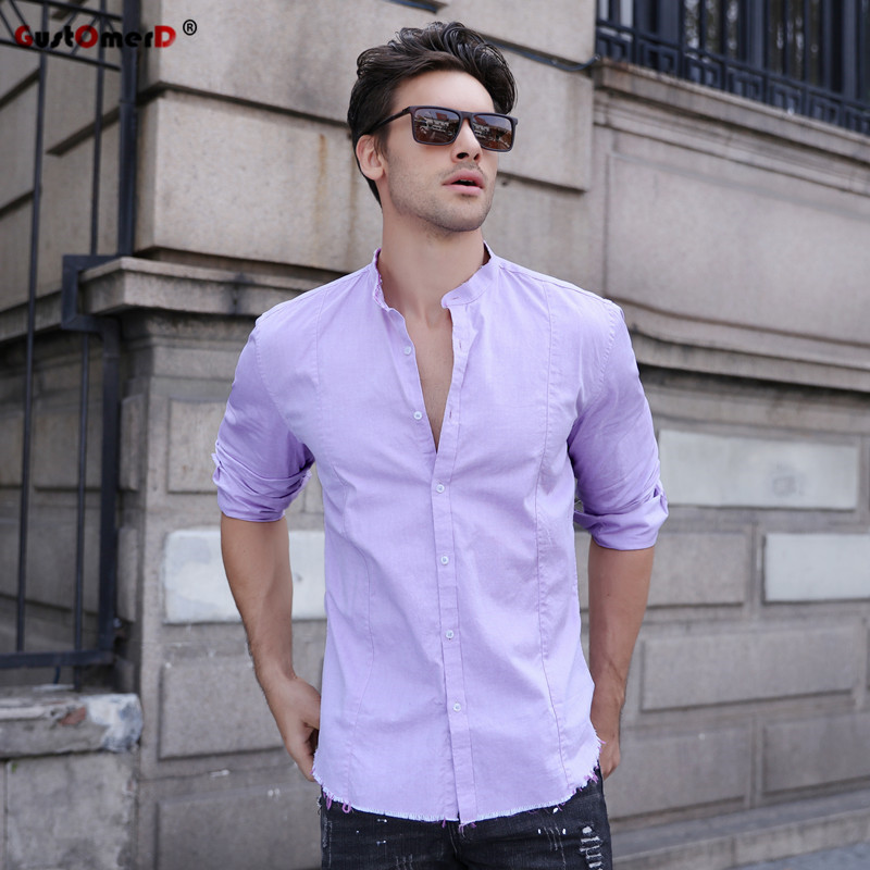 

GustOmerD Nice Tide Autumn Fashion Design Tassel Shirt Men Stand Collar Slim Fit Men Shirt Long Sleeve 111% Cotton Shirts, White