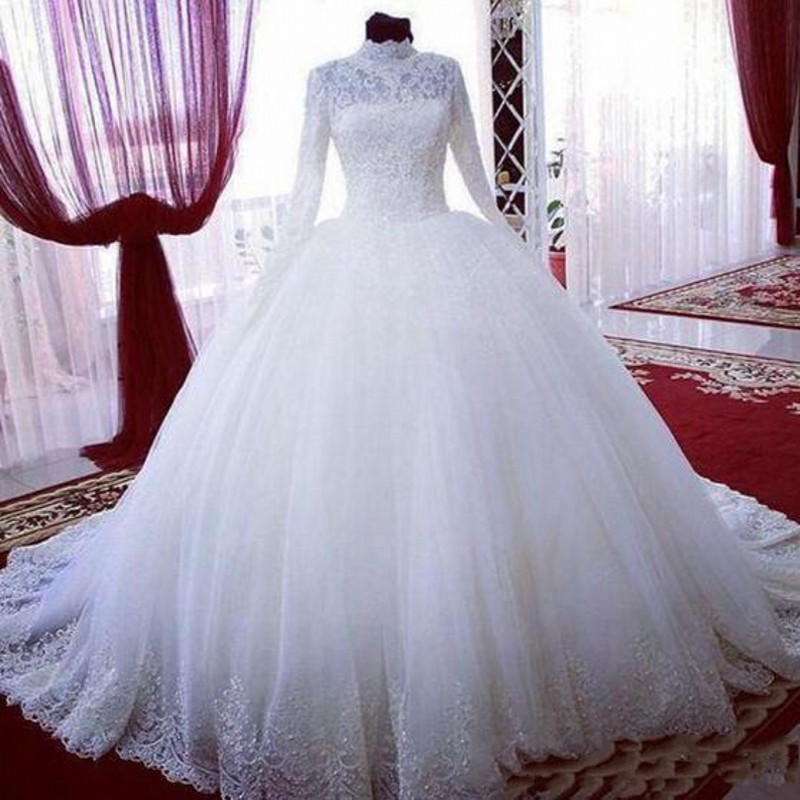 

2020 Arabic Long Sleeves High Neck Muslim Wedding Dresses Ball Gown Lace Tulle Sweep Train Luxury Bridal Gowns Custom Size, White