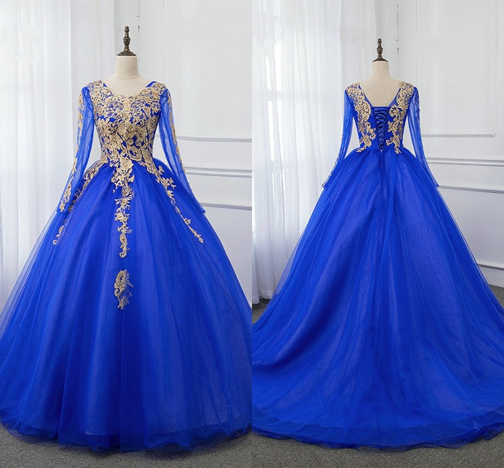 

Royal Blue And Gold Applique Robes De Soirée Prom Dresses Ball Gown 2020 Long Sleeves Jewel Lace-up Quinceanera Dress Sweet 16 Girls Evening, Brown