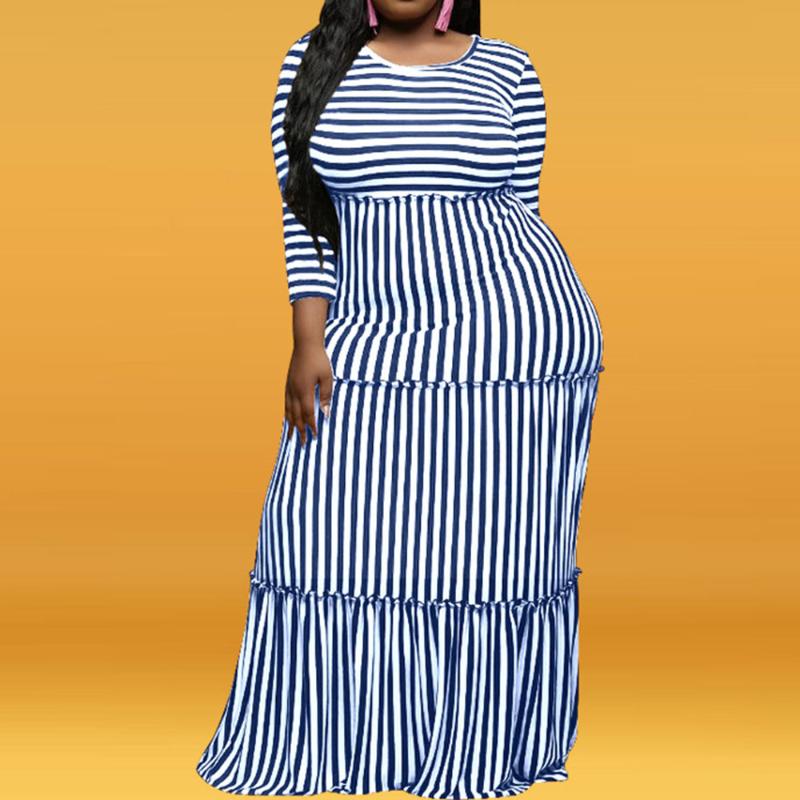 

Plus Size Striped Dress Women 2020 Autumn African Style Office Causal Elegant Long Maxi Dresses Party Robe Black/Red/Blue 4XL