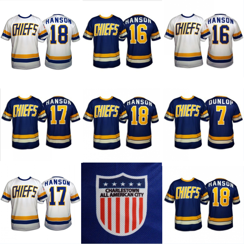 

Hanson Brothers Charlestown Hockey Jersey #16 Jack Hanson #17 Steve #18 Jeff Hanson 7 Dunlop Slapshot Movie Jerseys Blue White, 7 blue