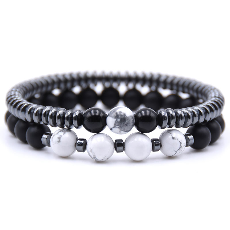 Wholesale Fashion Black Hematite Bead Strands Bracelet 8MM Colorful Natural Tiger Eye White Turquoise Bracelets 2PCS/Set-image-442121787