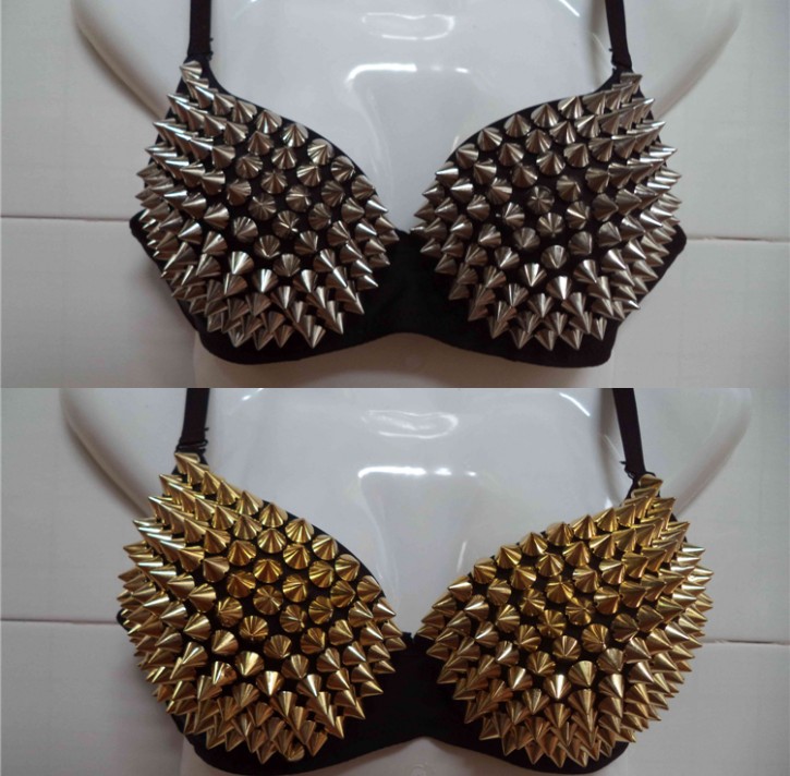 

Hot Bras for Women New Punk Lady Goth Silver Studded Bra crop top Ultrathin Party Spike Rivet Metallic Punk Dance Bra