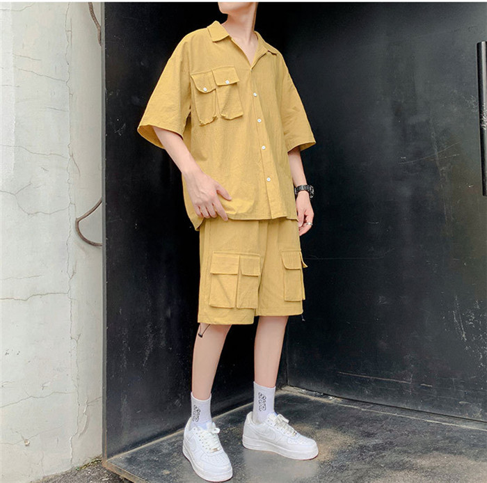 Mens 5XL Loose Cargo Tracksuits Man Summer Plus Size Patchwork Shirts With Knee Suits Men High Street Fashion Clothes
