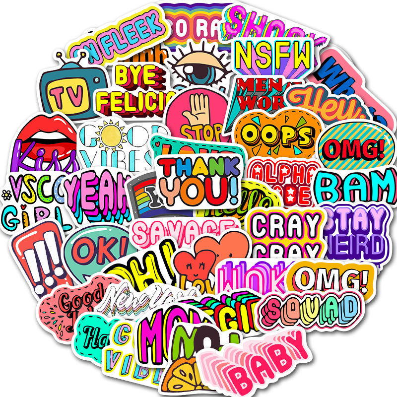 

50pcs/Set Cartoon English Phrase Waterproof PVC Stickers to DIY Luggage Guitar Laptop Motorcycle Skateboard Sticker Kids Toys, Mixed
