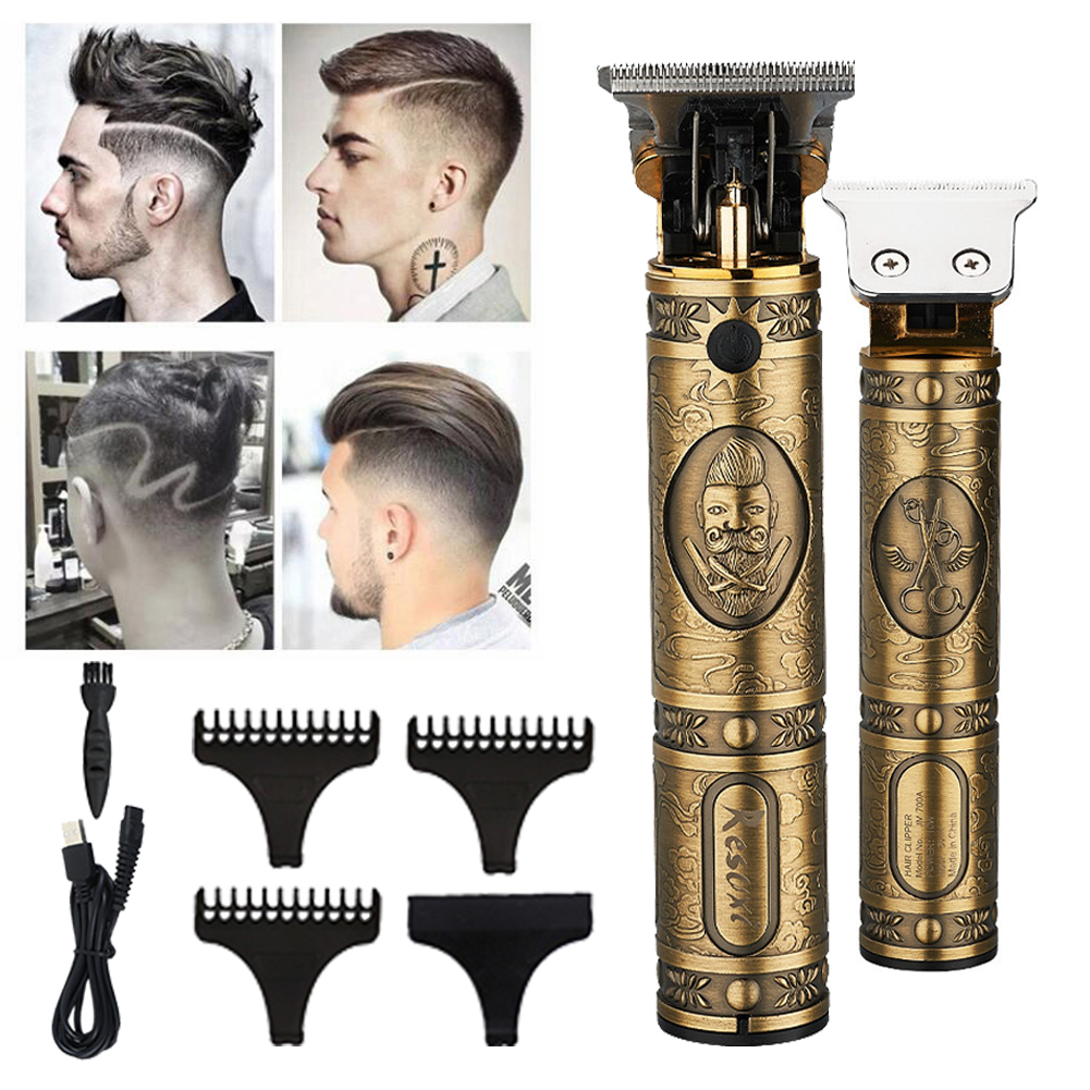 Gold electric USB rechargeable men hair trimmer retro oil head clipper T9 professional beard cutter