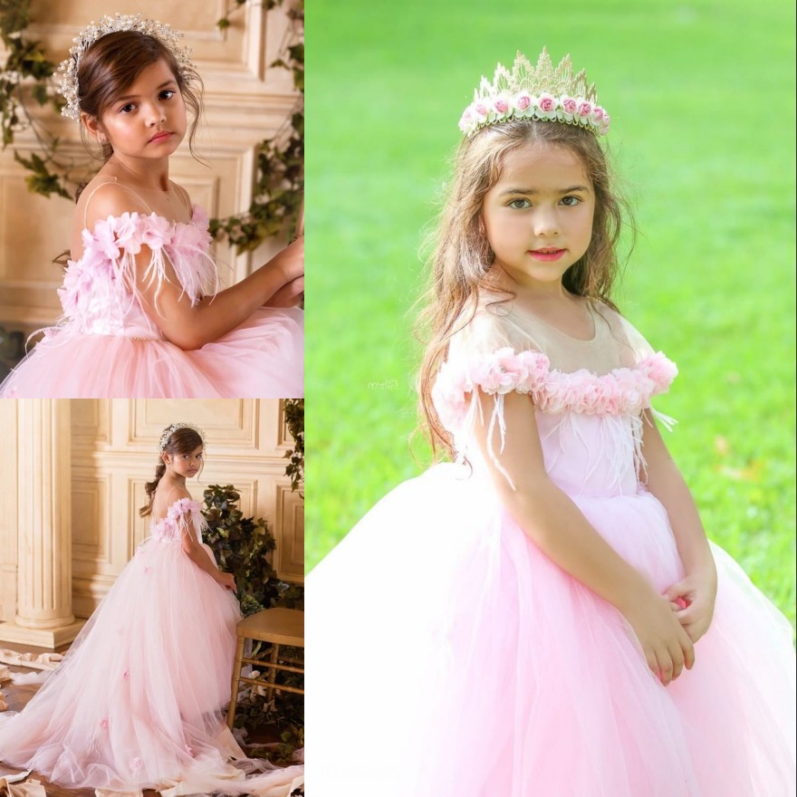 

Princess Pink Long Flower Girl Dresses With Flower Feather Sheer Neck Beaded Belt Puffy Gowns Little Girls Birthday Party Dress With Train, Custom made from color chart