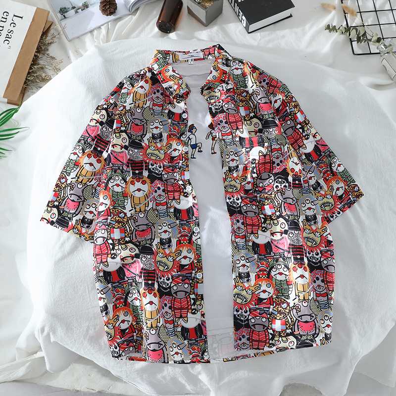 

2020 Summer New Style Men Casual Thin Short Sleeve Japan Cool Streetwear Women' Graffitis Square Collar Floral-Print Shirt, Picture color