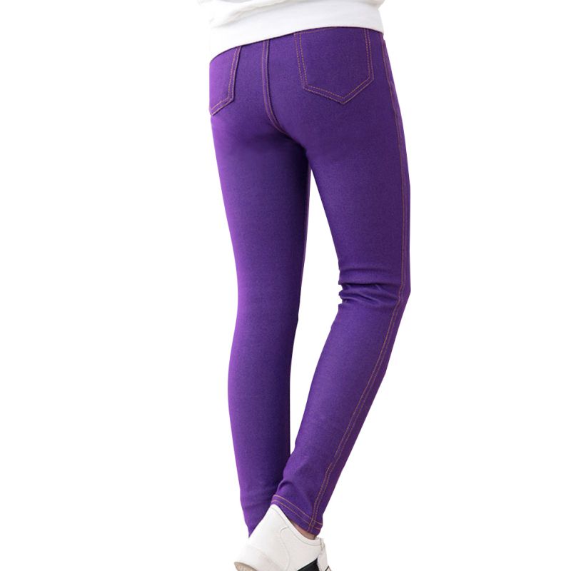 

Spring Autumn Pants For Girls Pencil Knit Imitation Denim Fabric Jeans Kids Candy Color Mid Waist Full Length Pants, Blue