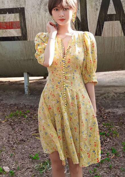 

Elfbop Ladies Silk Yellow Floral Printed Button Front Short Dress, Multi