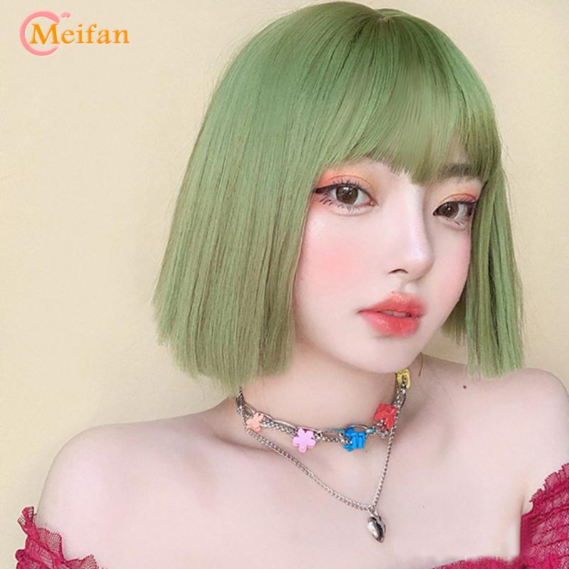 

MEIFAN Cosplay Pink Green Lolita Wig with Air Bangs for Women Short Straight Wig Natural Fake Cosplay Bob Wigs