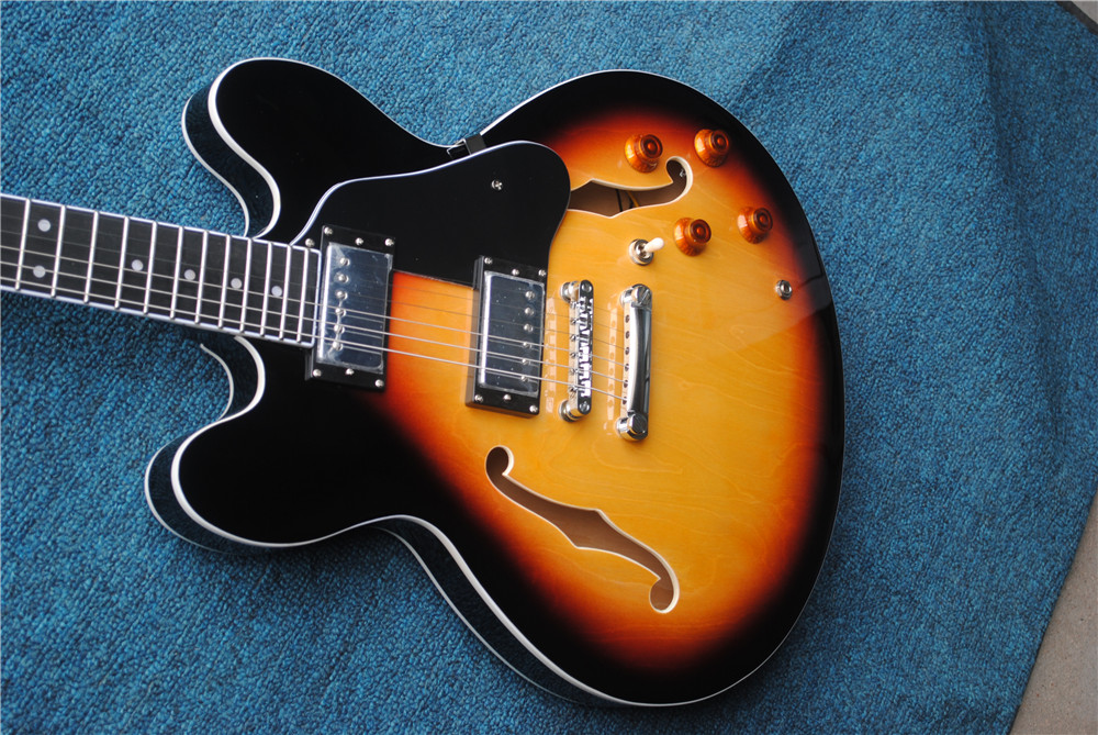 Custom Shop 50th Anniversary 335 Vintage Sunburst CS Semi Hollow Body Jazz Electric Guitar Black Pickguard Double F Holes