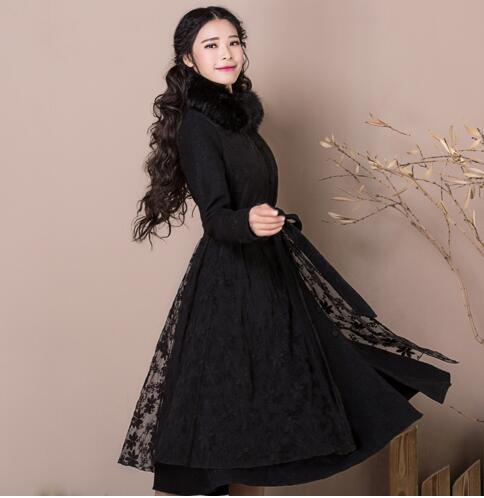 

2019 New Autumn Winter Fashion Faux Fur Collar Lace Embroidery Woolen Coat Slim Outwear Ultra Long Black Female Overcoat