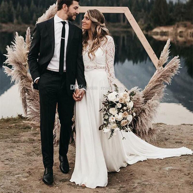 

2019 Two Pieces Boho Wedding Dresses Long Sleeves A Line White Chiffon Lace Princess Beach Bridal Gowns, Orange
