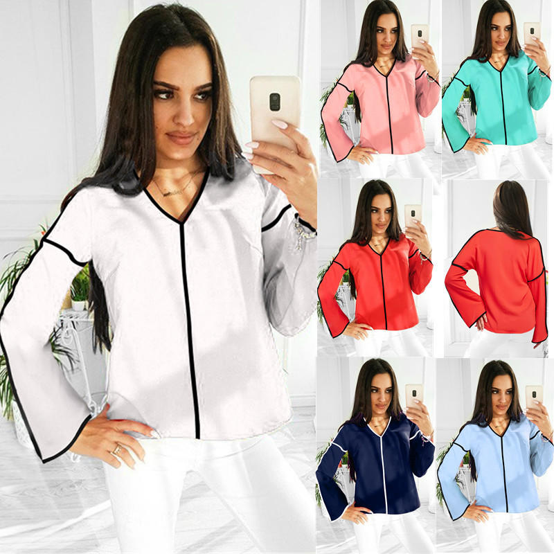

Women' Casual Long-Sleeve V-Neck Shirt Flared Sleeve Soild Color Chiffon Blouse, Green